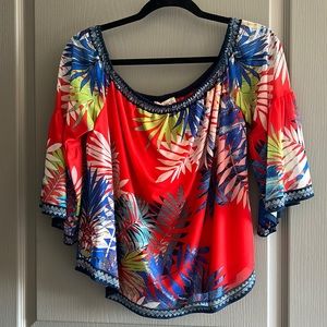 Flying Tomato Red/Multicolor Leaf Print Bell Sleeve Top M